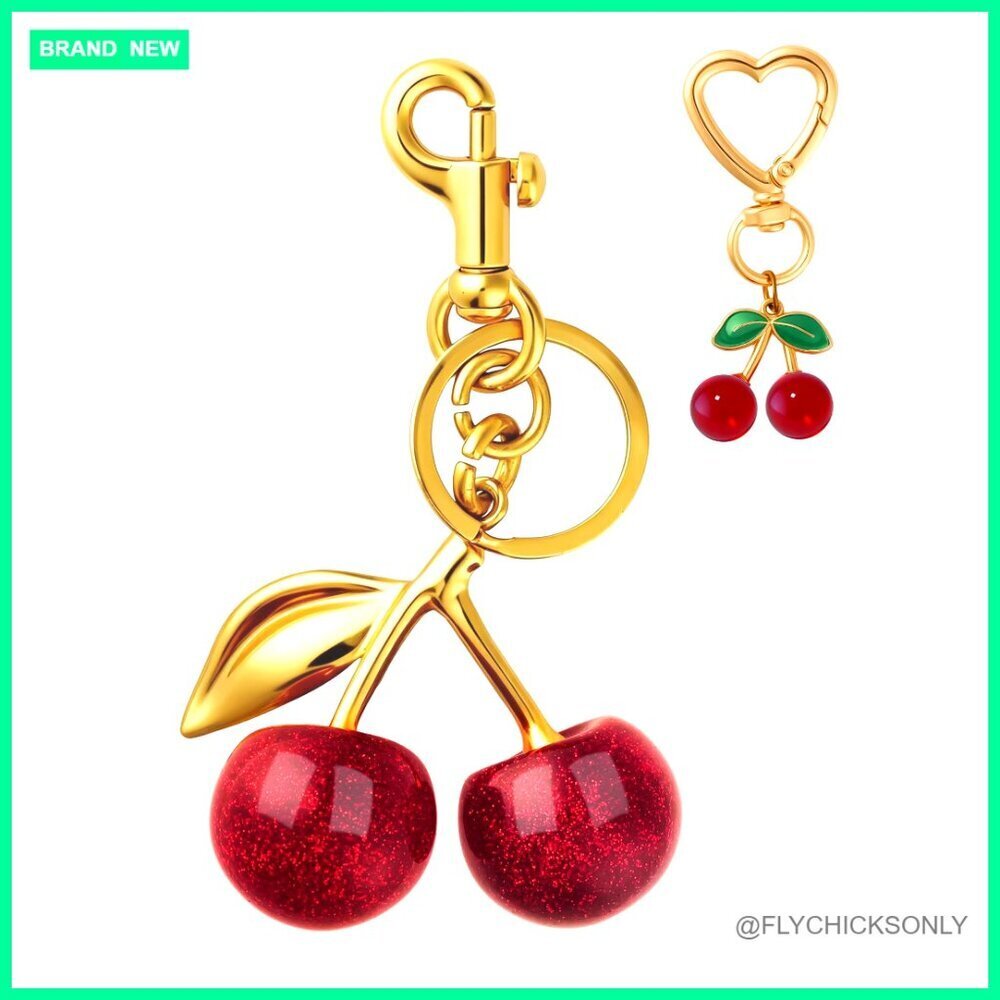 Glitter Resin Cherry Bag Charms Set with Metal Rings for Handbags Keys
